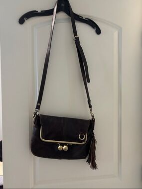 Patricia Nash Dark Brown Leather Crossbody with Tassel and Gold Frame